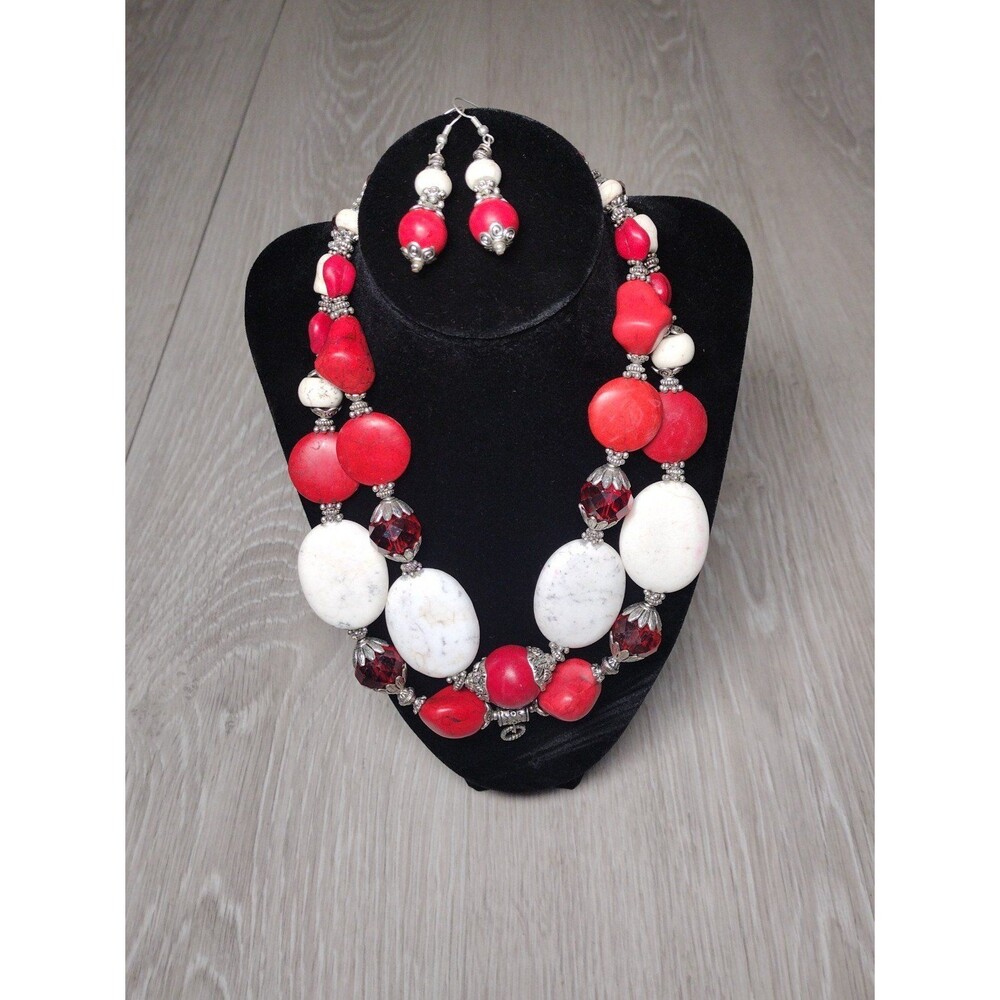 Necklace & Earrings - Handmade - Red & White Statement Set